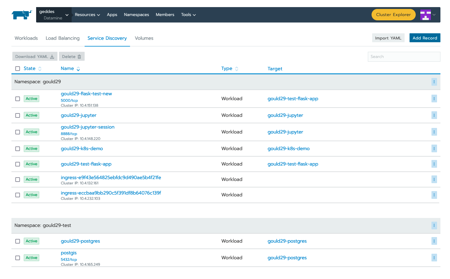 Displaying the service directory list for the geddes cluster.